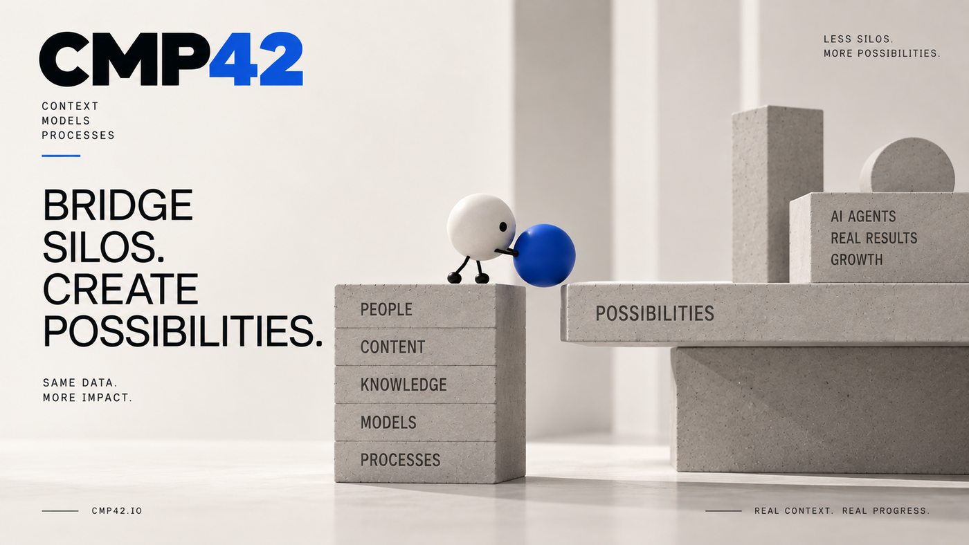 CMP42 key visual: a character rolls a blue sphere from a silo stack onto a platform of possibilities.