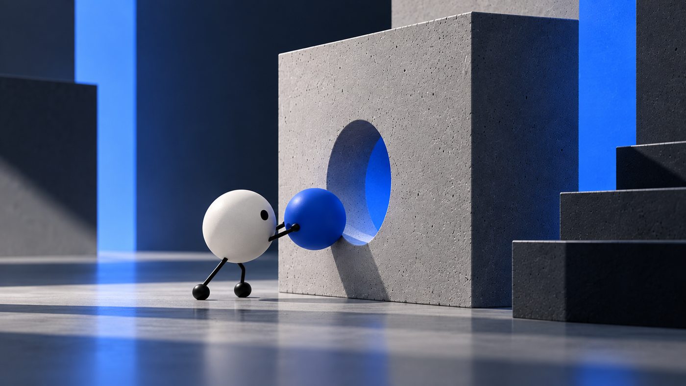 CMP42 key visual: a figure pushing a sphere of context through a wall between two systems.