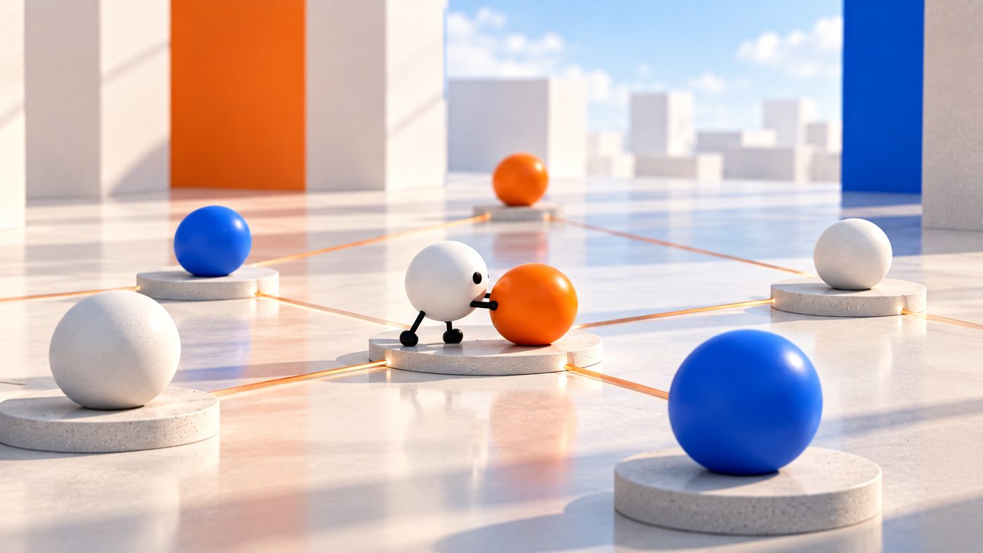 CMP42 key visual — a network of connected points forming one context graph across several separate stacks.